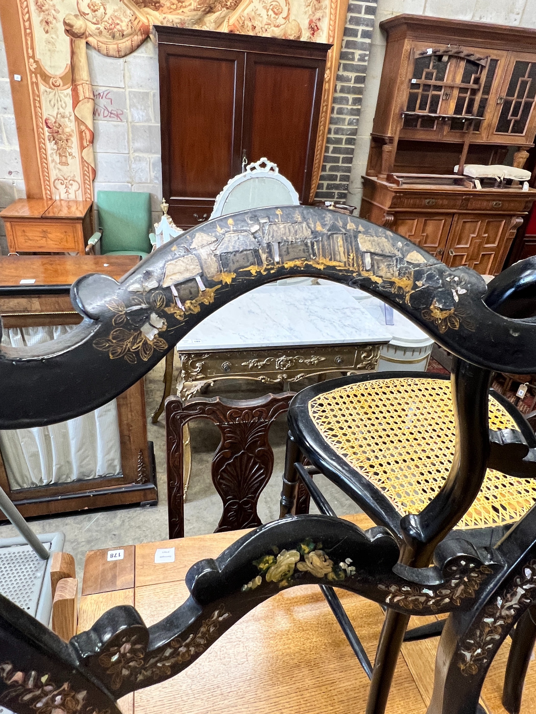 Five Victorian mother of pearl inlaid papier mache cane seat chairs